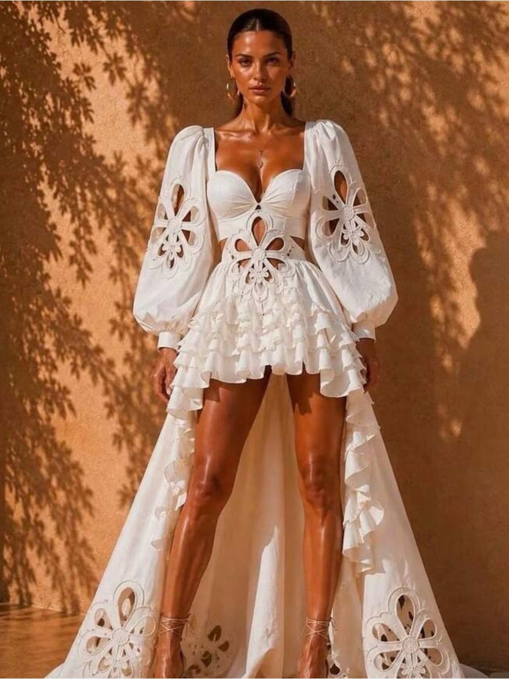 Ivory High-Low Cutout Ruffle Dress with Puff Sleeves